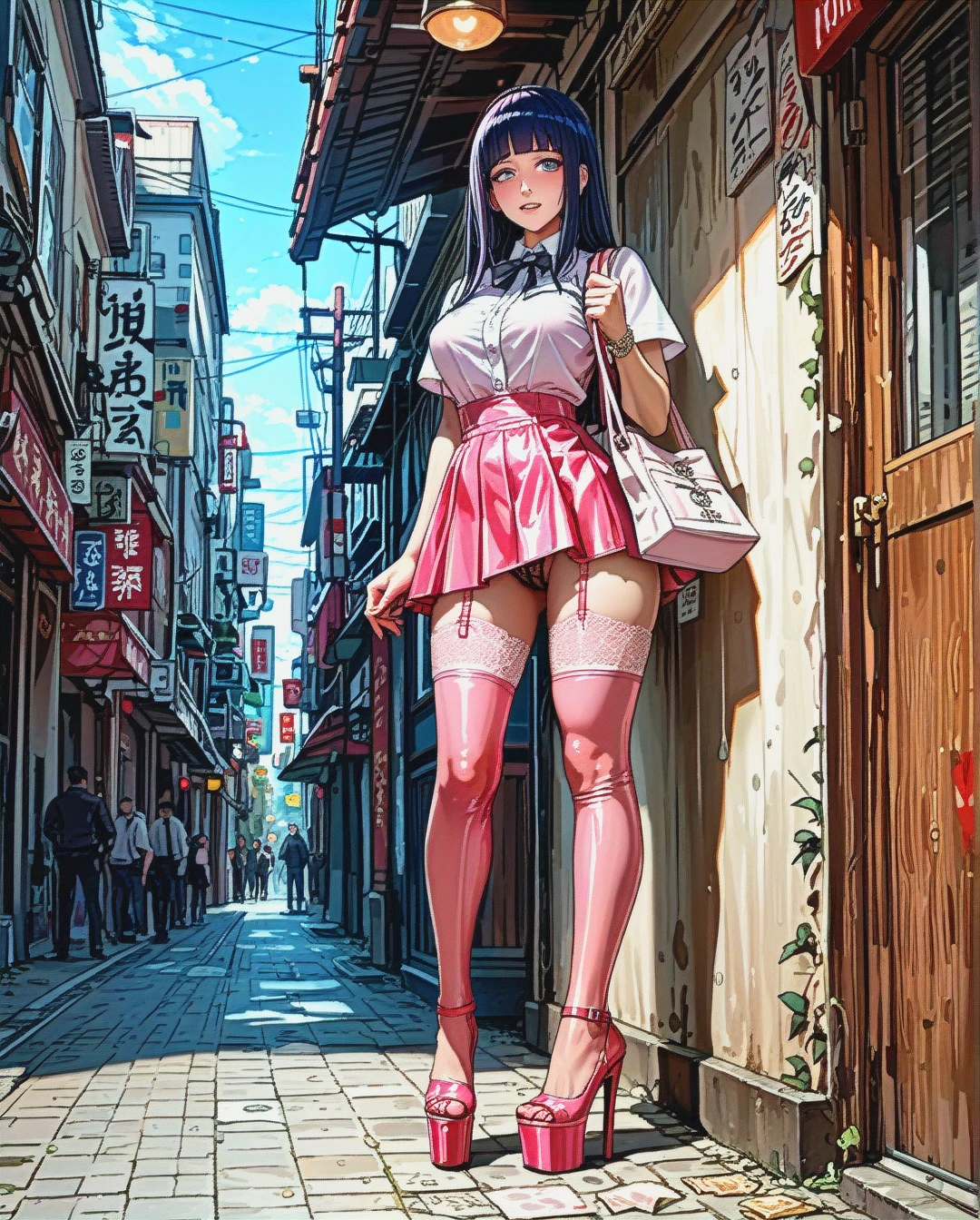 Hinata Hyuuga, anime, prostitute slut, prostituting herself, blouse with a knot showing the underside of her breasts, lace garter belt, black long lace sockings, pink latex micro skirt, open crotch lace panties, pink platform high heels, pubic hair,  tote bag, in a corner,