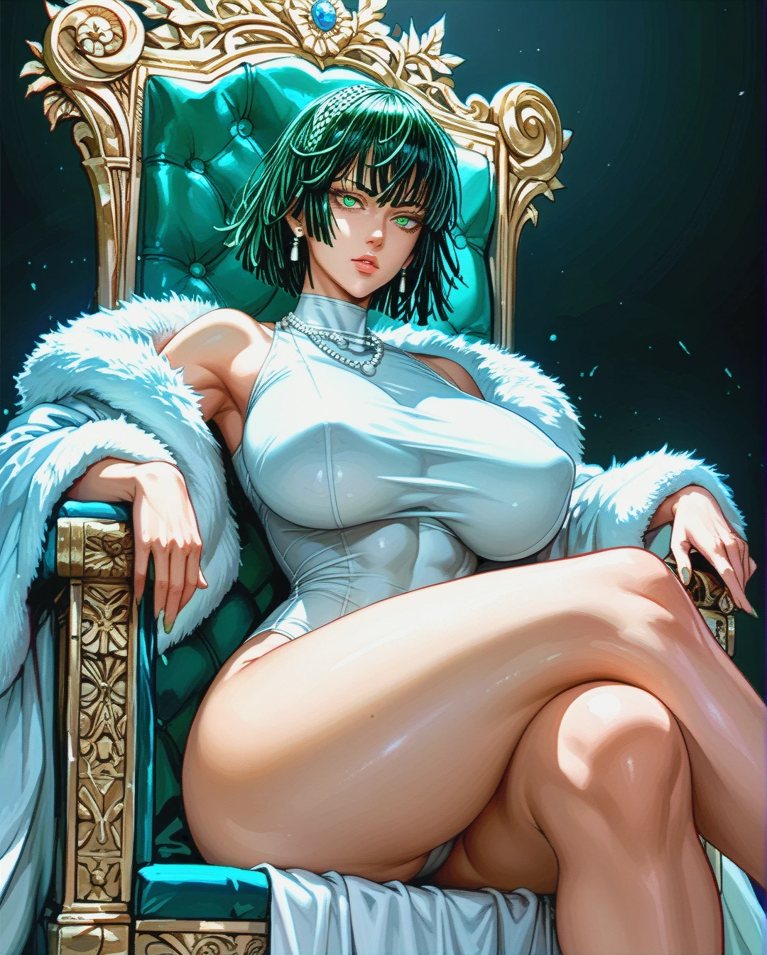 1 girl, Fubuki (one punch man), sitting on throne, black background, full wearing, massive ass, huge breast, tight clothes, focus upper body, ultra high quality