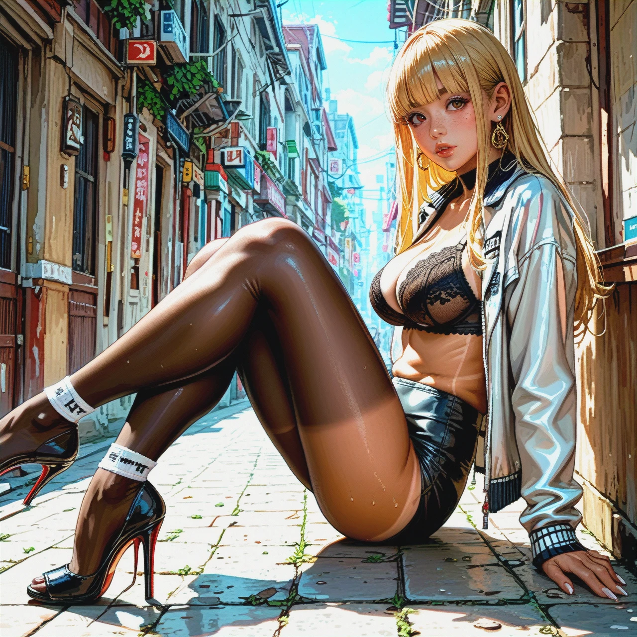 Character chichi,blonde long hair,skinny,skinny legs,(feet) (leg_up),straight bangs,tan lines,open jacket,black pantyhose,white nylon sock,plump lips,black lace bra,shaped jewelry,high heels,stiletto heels,black sneakers,freckle,large saggy breasts,hands on hips