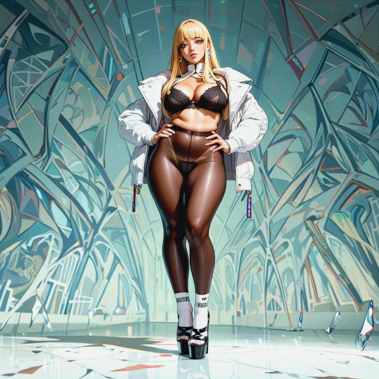 Character chichi,blonde long hair,skinny,skinny legs,(feet) (leg_up),straight bangs,tan lines,open jacket,black pantyhose,white nylon sock,plump lips,black lace bra,shaped jewelry,high heels,stiletto heels,black sneakers,freckle,large saggy breasts,hands on hips,foot