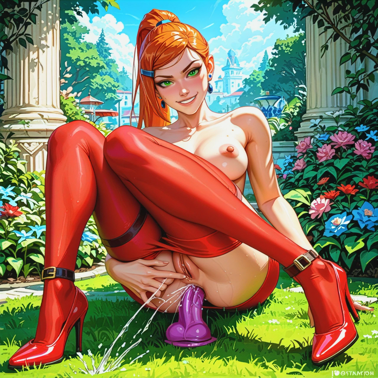 gwen tennyson from ben 10 alien force, green eyes, smiling, long ponytail, topless, red tights, red pencil skirt, red heels, raising legs, outside, laying in a garden, anal dildo, pussy fingering, squirting pussy, wrapped in red ribbon