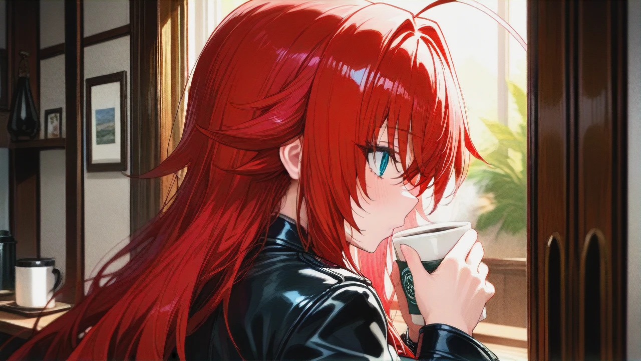 @rias_gremory, detailed face, inside house, coffee, do not show hands, massive ass, High definition, good face, coat, upper body close up