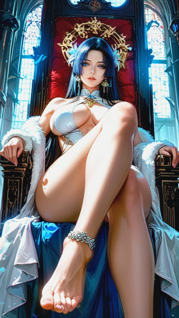 Ultra realistic, low lighting, legs crossed, sitting on throne naked,, White pale Korean-Boa-Hancock blue eyes, seductive pose,  sexy femine curvy body big breasts, sexy feet below view