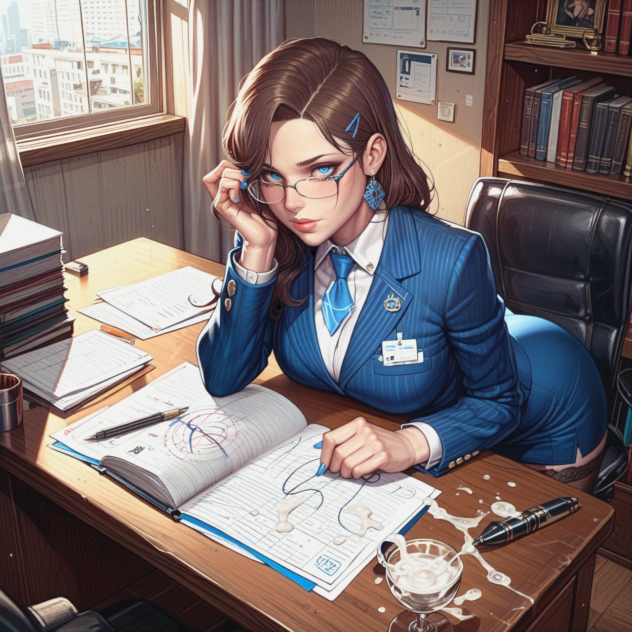 Asura style, brunette, blue eyes, detailed irises, secretary, on table, glasses, stockings, veiny dick, cum