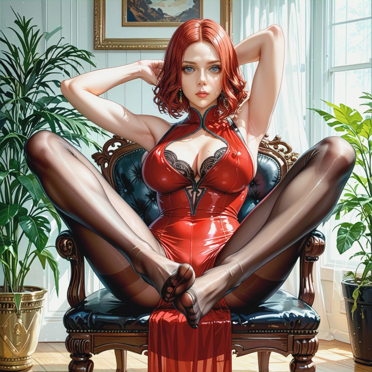 Black Widow, Scarlett Johansson, tight red dress, cutout on the chest, pantyhose, Camel (stretching), big eyes, viewer contact, on a chair, legs crossed, foot, transparent clothes, (faceplant),(facial),(toe-point)