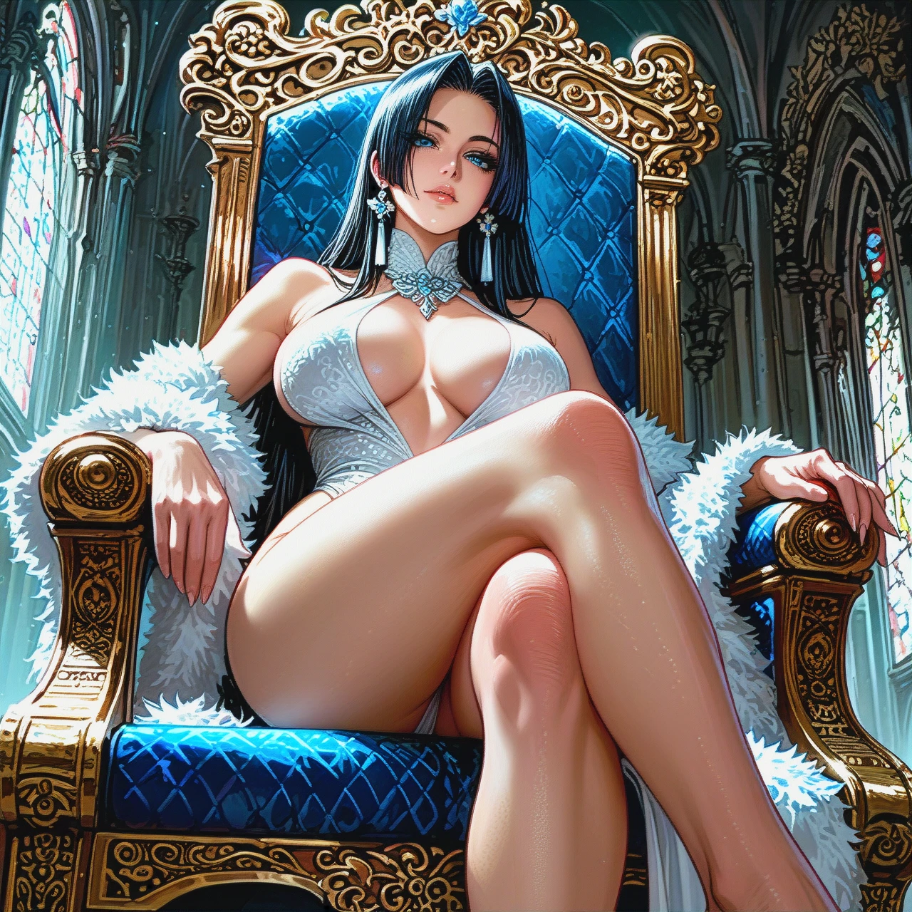 Ultra realistic, low lighting, legs crossed, sitting on throne naked,, White pale Korean-Boa-Hancock blue eyes, seductive pose,  sexy femine curvy body big breasts, sexy feet below view