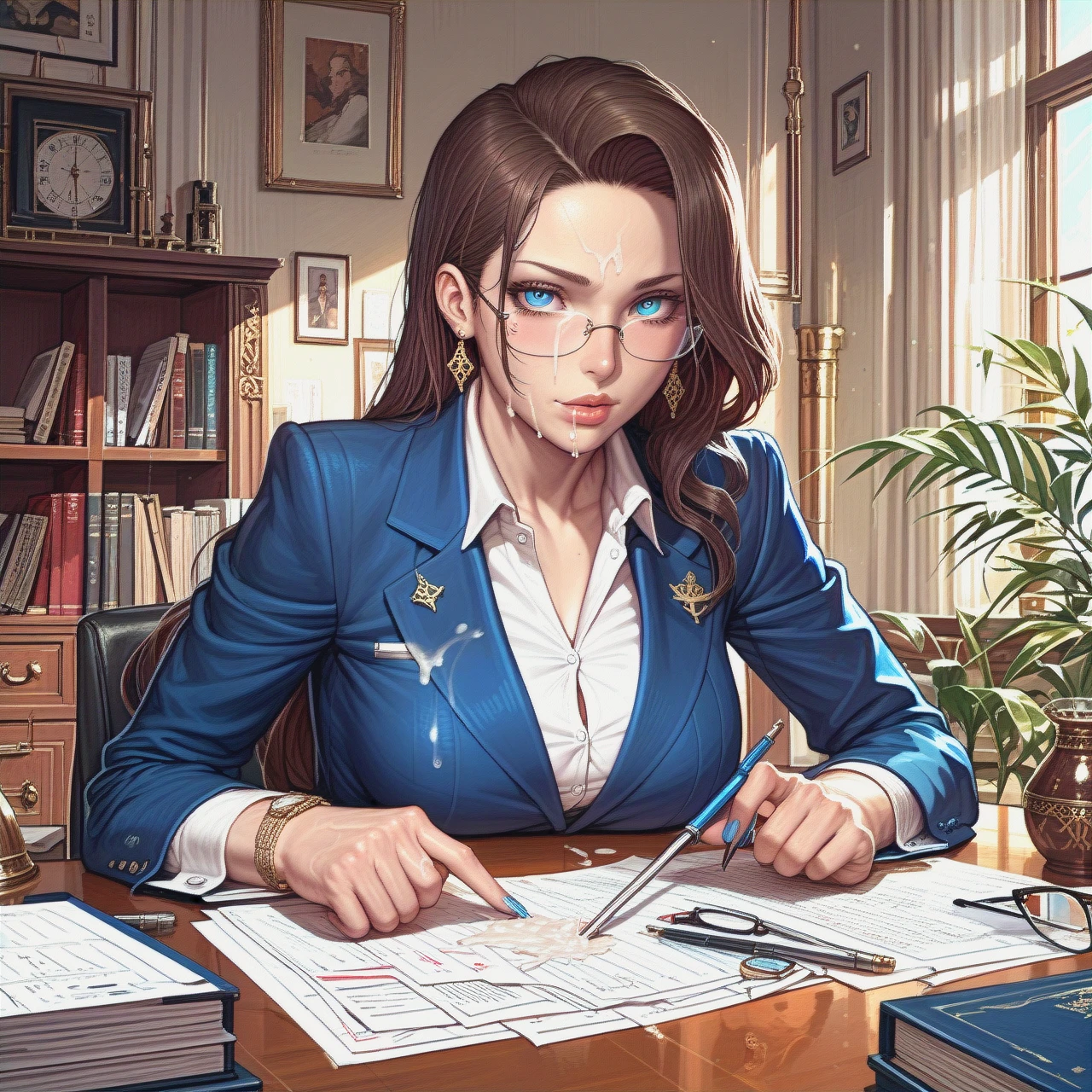 Asura style, brunette, blue eyes, detailed irises, secretary, on table, glasses, stockings, cum, veiny penis