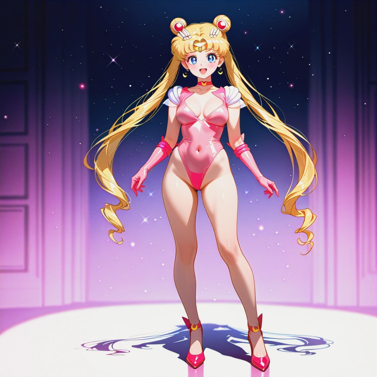 tsukino usagi,bishoujo senshi sailor moon,1girl, blonde hair, long hair, blue eyes, breasts, twintails, hair bun, double bun, , smile, medium breasts, open mouth, solo, looking at viewer,, very long hair, highleg , transparent pink leotard, covered navel, highleg, standing ,full body