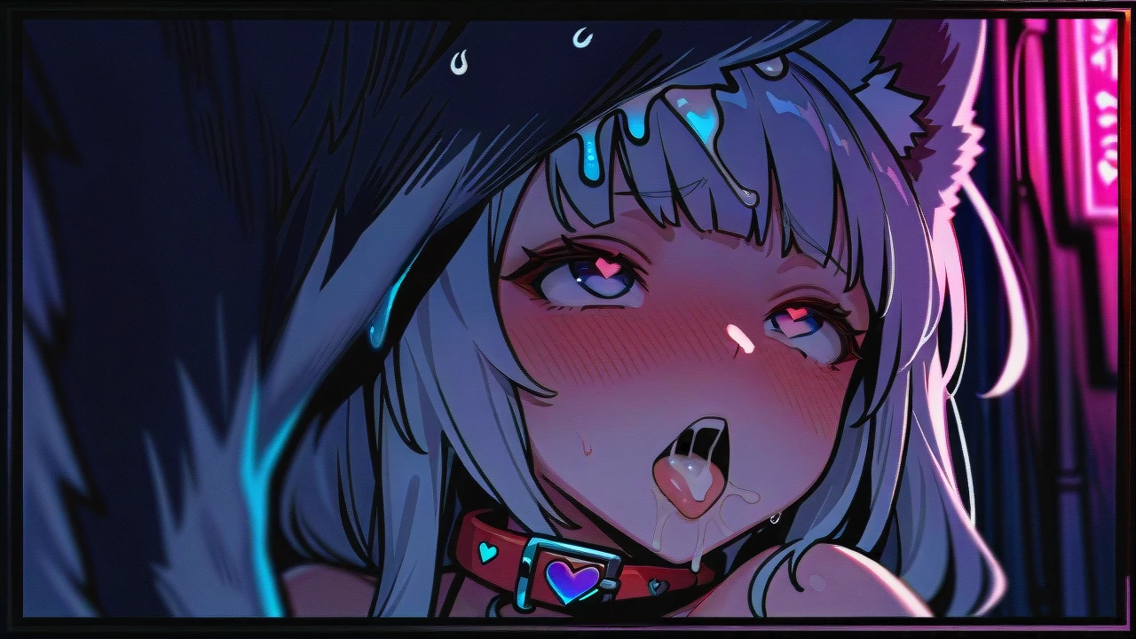 1 human girl (collar), alley, doggy, deep penetration, ahegao, heart shaped eyes, cute face, internal_cumshot, huge feral wolfdog, (Knotting), close-up, vaginal, detailed face, flat_chest