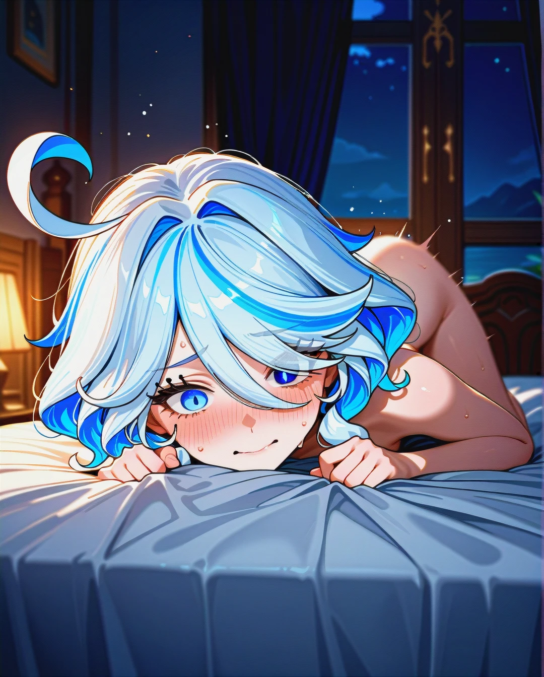 @furina , bed, (grinding), cute pose, (nervous), blushing,(turn_pale) , full body, night, (constricted_pupils) , cowgirl before sex, (first-person_view)