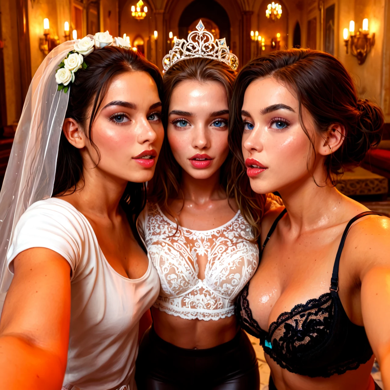 threesome,3girl, threesome,3girl, kissing_male, cum_on boy, big_clit,cock_on cheek,selfie_arms,hip_thrusts, leggings,in_ice palace,bridal_veil,black_lingerie,high_heels, baggy_socks,that,pantieseyes,white_boots, white_t-shirt,frilled_gloves,black_lace bra,running_shoes, palace_bedroom, RapunzelWaifu