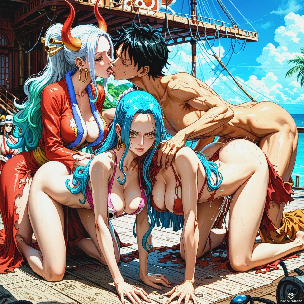 @yamato_one_piece  @monkey_d_luffy 3 girls , 1 guy , foursome sex @boa_hancock @nefertari_vivi , torn outfits, pirate ship (all_fours) (kissing_neck)