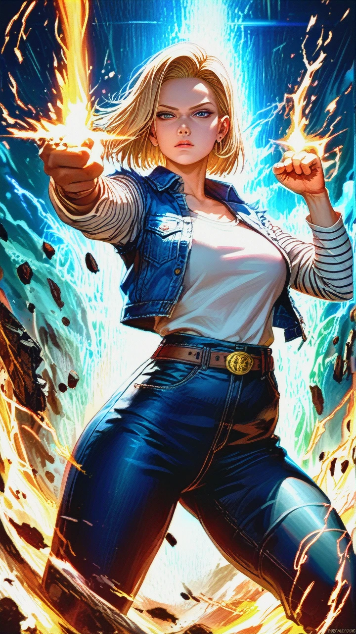 Android 18, standing with her right arm fully extended to the right, firing a massive energy beam from her hand, dynamic action pose, intense energy waves, detailed anime style, vibrant colors, highly detailed, sharp focus, cinematic lighting, digital art, trending on ArtStation, high resolution, ultra realistic