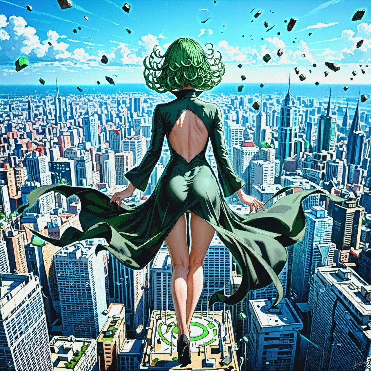 character @tatsumaki, (perfect face: 1,2), (beautiful green eyes: 1,1), (very skinny), in black dress with long sleeve, in black heel, floating in the air, background is city, (side view: 1,1), back view, manga effects, motion lines