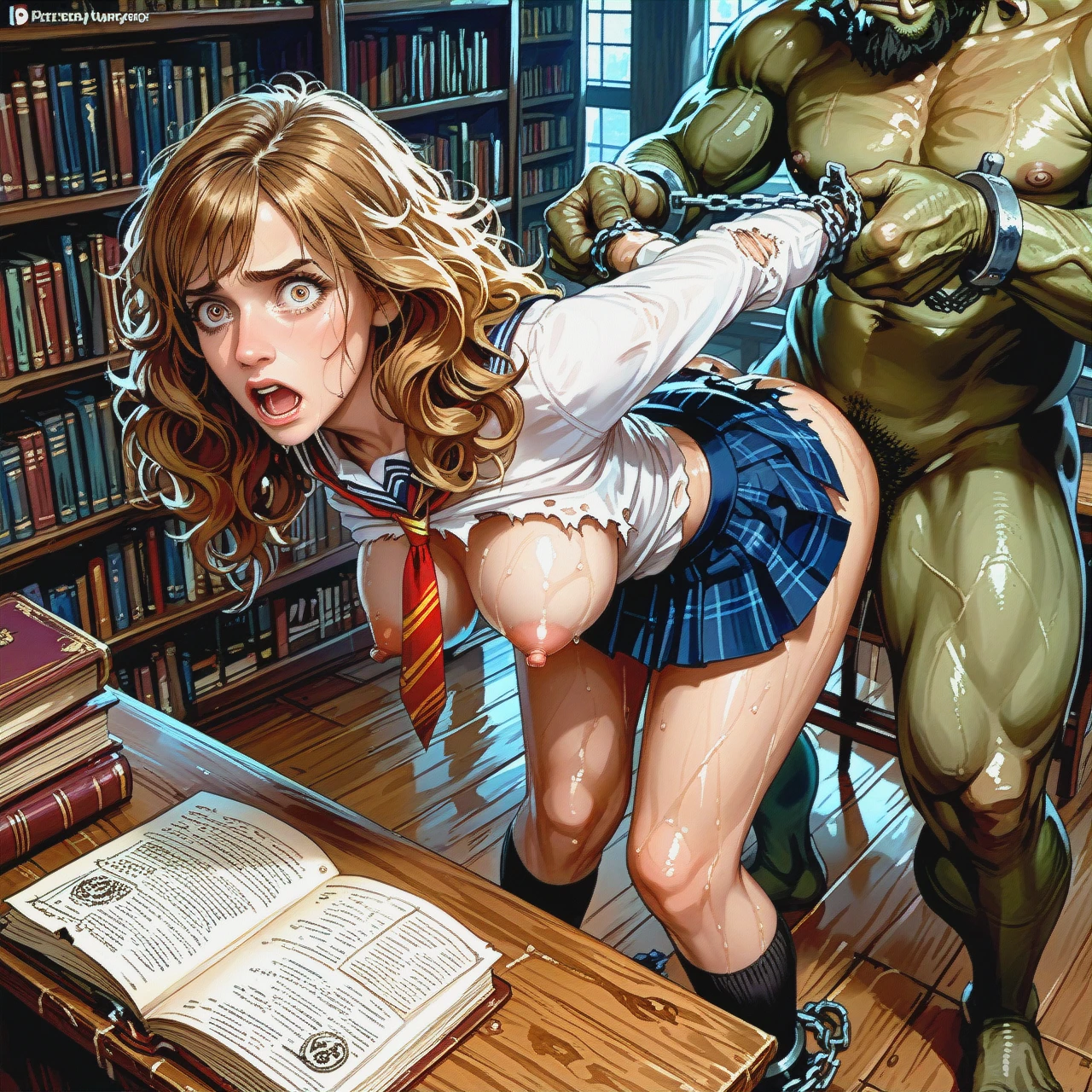 Hermione Granger, skinny, huge tits, big nipples, big eyes, torn school uniform, oiled, library, ankles chained to spreder bar, leaning over desk, troll, anal, afraid, screaming