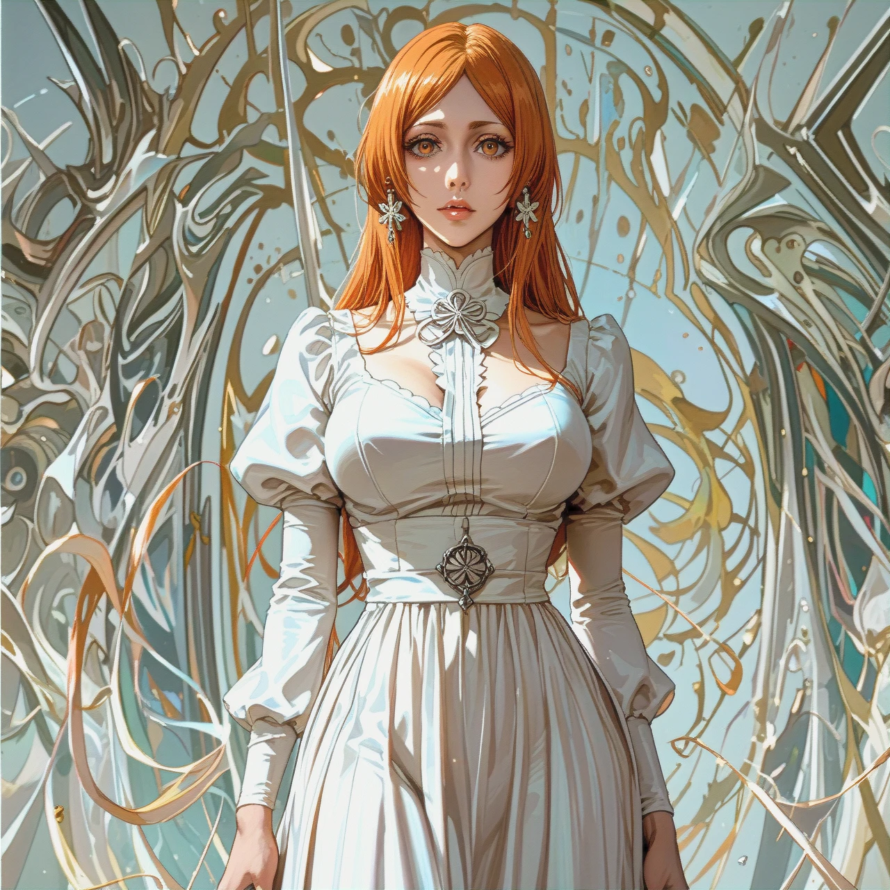 1girl, (Character orihime inoue from bleach), perfect face, in white dress, standing, front view