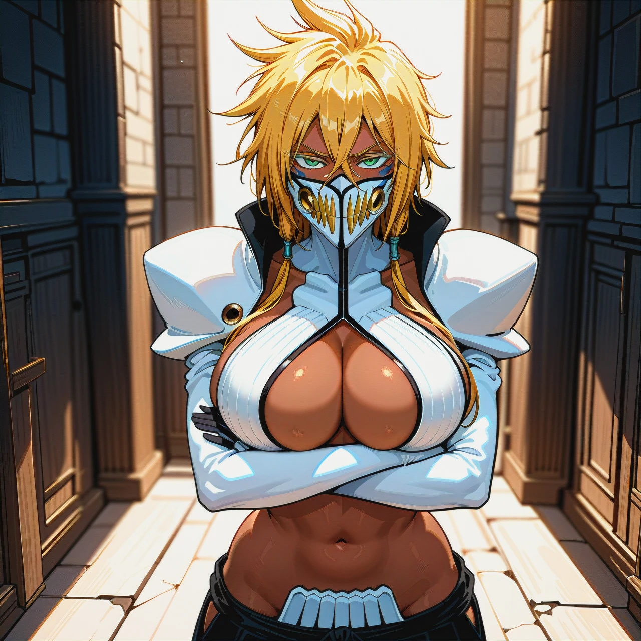 1girl, (Character tier harribel from bleach), (perfect face: 1,5),(beautiful green eyes: 1,4), (blonde), dark skin, big breast, in her bones costume, standing, arms crossed, bottom view, front view