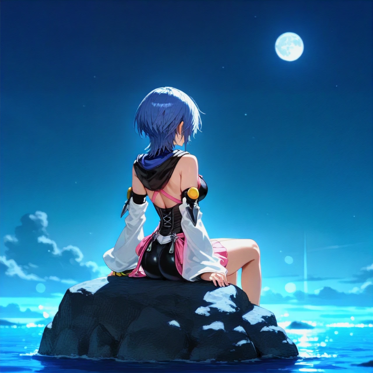 @aqua_(kingdom_hearts) ,sitting on a rock watching the moon.