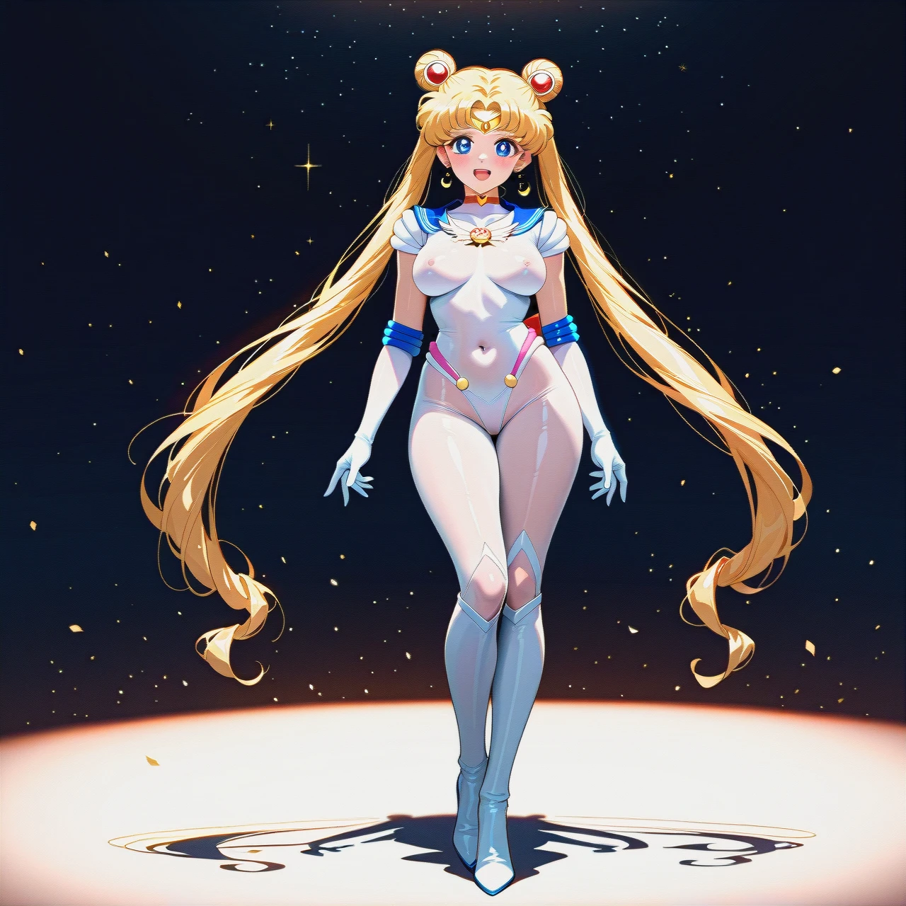 tsukino usagi,bishoujo senshi sailor moon,1girl, blonde hair, long hair, blue eyes, breasts, twintails, hair bun, double bun, , smile, medium breasts, open mouth, solo, looking at viewer,, very long hair, highleg , transparent bodysuit white , covered navel, highleg, standing ,full body