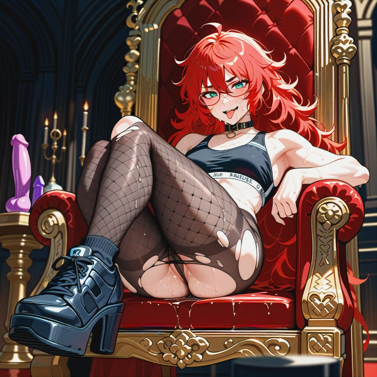 1girl,solo, a girl padparadscha, tongue_teasing, facial_hair, holing_penis,cheeks,large_biceps, foot_focus,knee-high, crop_top,socks,no_panties,running_shoes, crossdressing,black_fishnet,black_collar,wet_panties,platform_heels, bathrobe,torn_pantyhose,glasses,sports_bra,sneakers, throne_room, dildo_in pussy