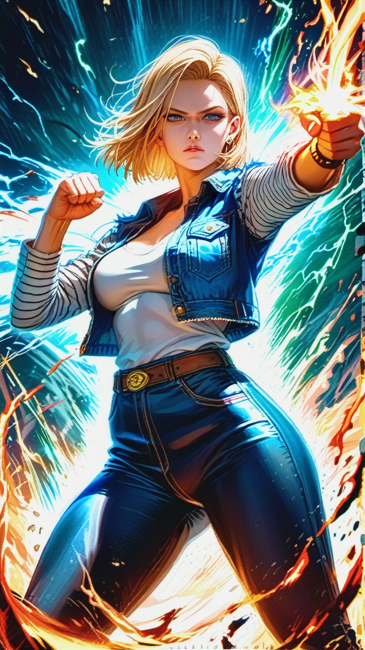 Android 18, standing with her right arm fully extended to the right, firing a massive energy beam from her hand, dynamic action pose, intense energy waves, detailed anime style, vibrant colors, highly detailed, sharp focus, cinematic lighting, digital art, trending on ArtStation, high resolution, ultra realistic