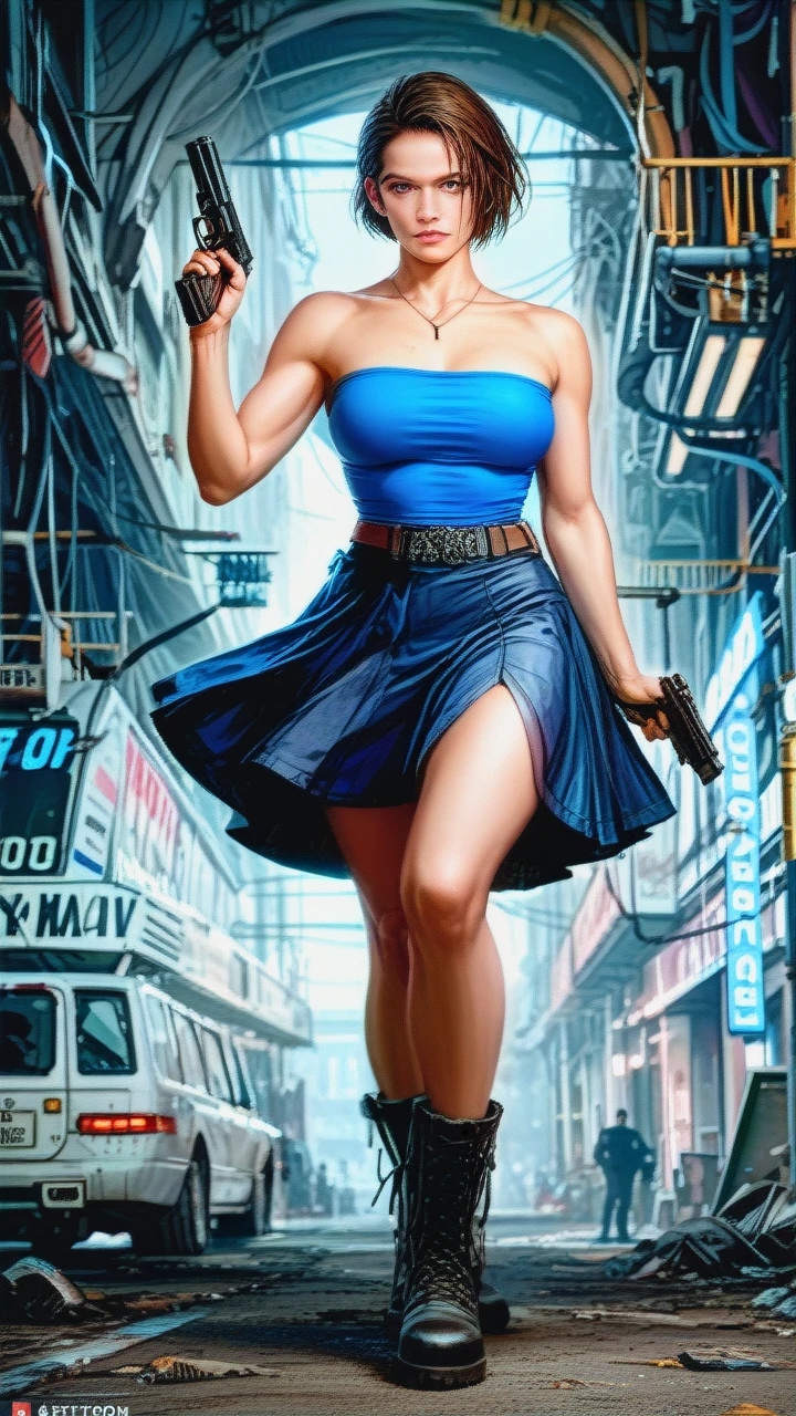 A highly detailed portrait of Jill Valentine from Resident Evil, 9:16 aspect ratio, cinematic lighting, high resolution, sharp focus, photorealistic, digital art, full body, action pose, dynamic composition, detailed facial features, intense expression, iconic blue tube top and mini skirt, combat boots, holding a handgun, dark and moody atmosphere, professional artwork, trending on ArtStation, masterpiece, best quality, 8k uhd