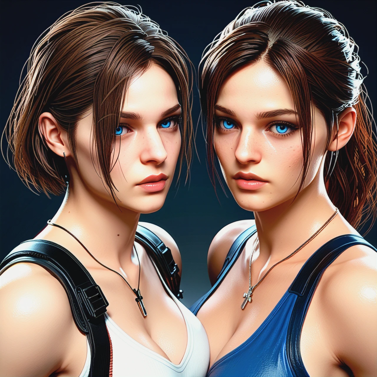 2girls,3d,@jill_valentine ,@claire_redfield , (breasts_out) , (mutual_masturbation)