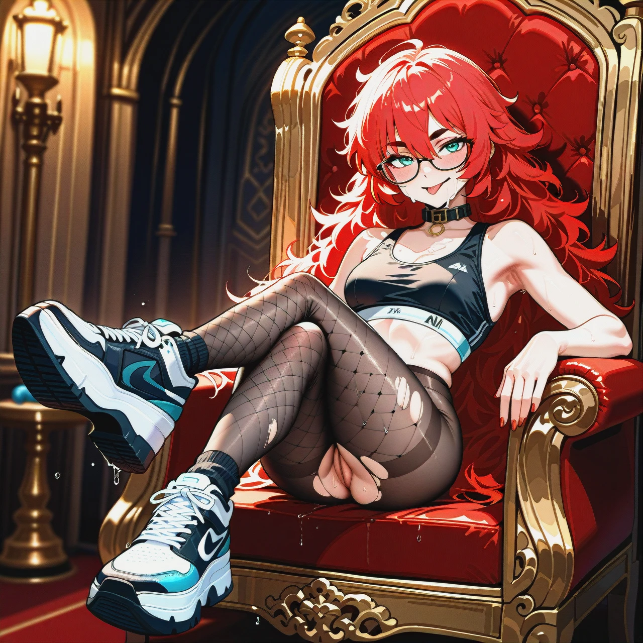 1girl,solo, a girl padparadscha, tongue_teasing, facial_hair, holing_penis,cheeks,large_biceps, foot_focus,knee-high, crop_top,socks,no_panties,running_shoes, crossdressing,black_fishnet,black_collar,wet_panties,platform_heels, bathrobe,torn_pantyhose,glasses,sports_bra,sneakers, throne_room, dildo_in pussy