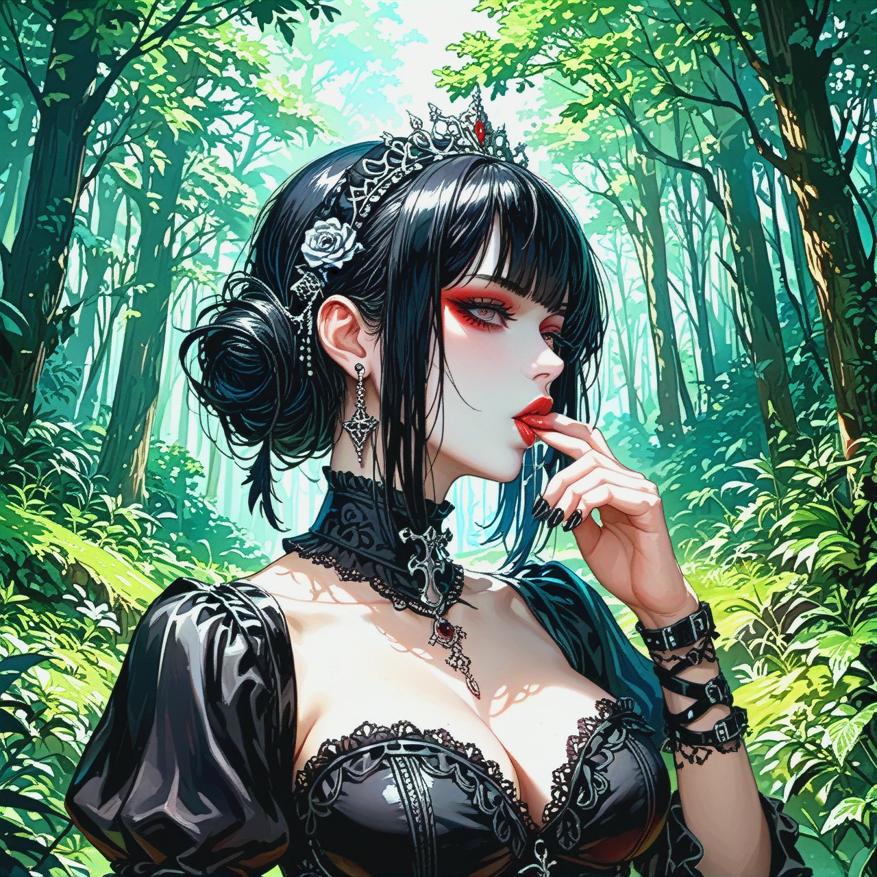 Gothic girl suckinzng dixk in the forest she has black hair white skin and perfect bode