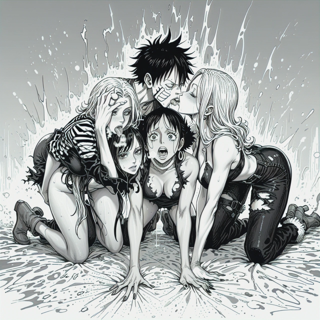 @monkey_d_luffy 3 girls , 1 guy , foursome sex   , torn outfits, (all_fours) (kissing_neck)  @reiju_vinsmoke_one_piece