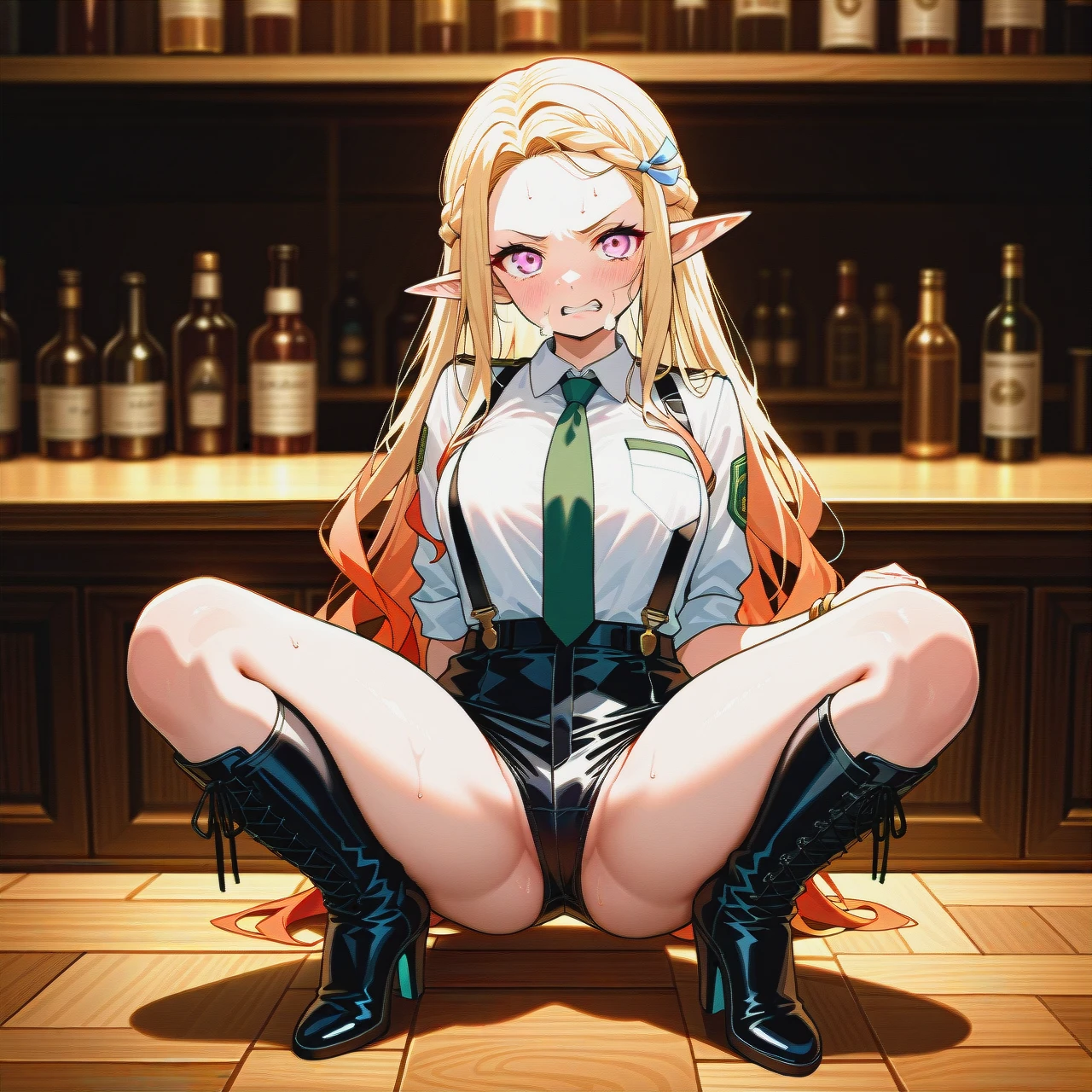 1girl,solo, nezuko in , facial_hair, clenching_teeth,hips,SkinDetail, uniform,elf_palace,suspenders,gold_bracelet,knee_boots, Underpants,crownbraid_tie,vibrant_colors,high-heels, bar, streets, spaceship