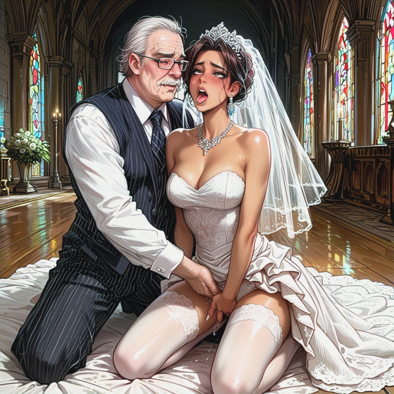 Castle room,slim brunette latina bride,strapless wedding dress,fit old man,kneeling,   (fingering_through_clothes) (ahegao) (blush)