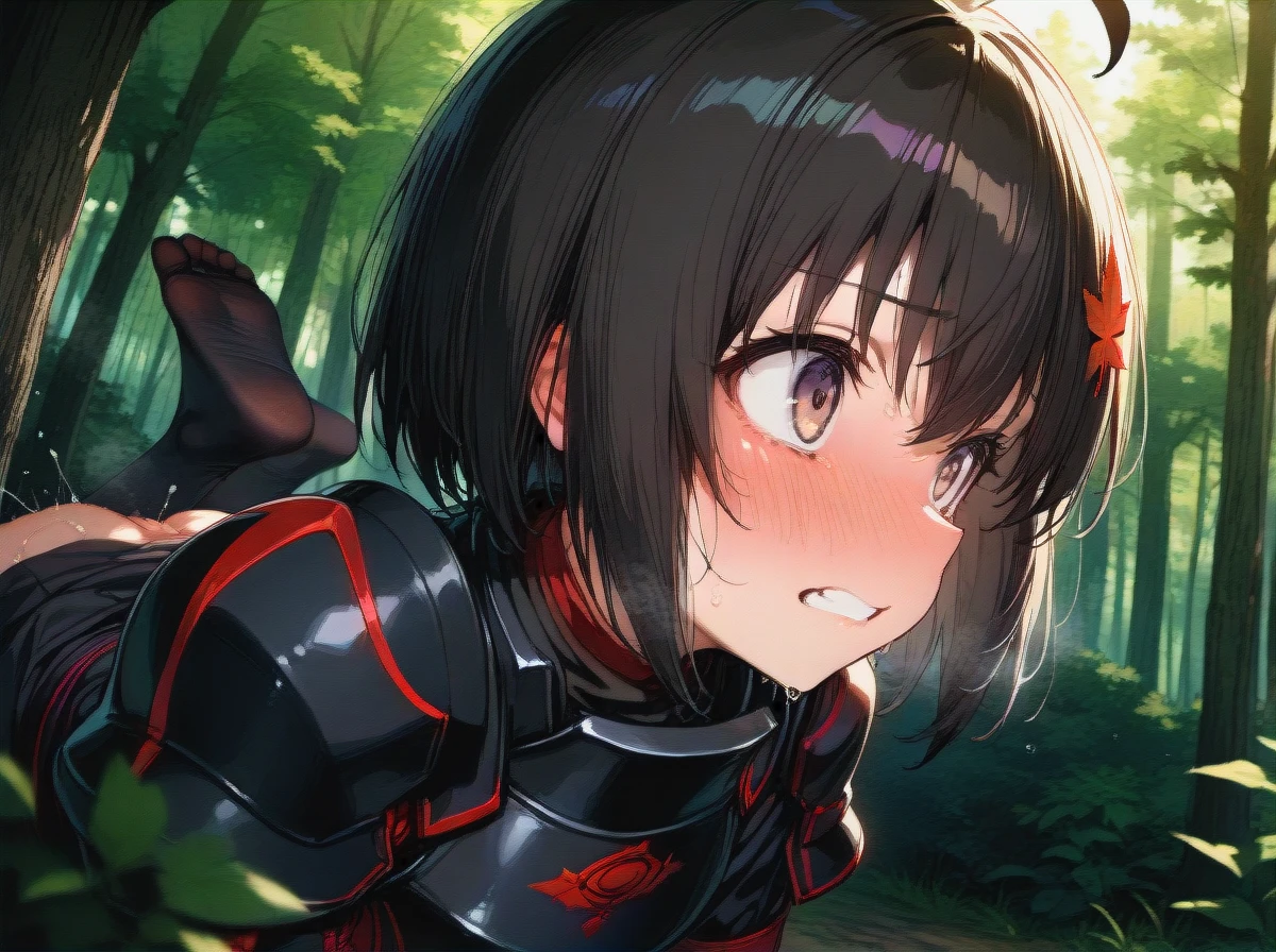 maple \(bofuri\),armored dress. forest,close-up anal, detailed asshole, clenched teeth,eye contact, detailed face, blushing, detailed soles, ,