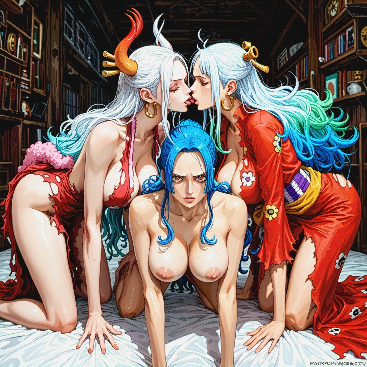 @yamato_one_piece  @monkey_d_luffy 3 girls , 1 guy , foursome sex @boa_hancock @nefertari_vivi , torn outfits, (all_fours) (kissing_neck)