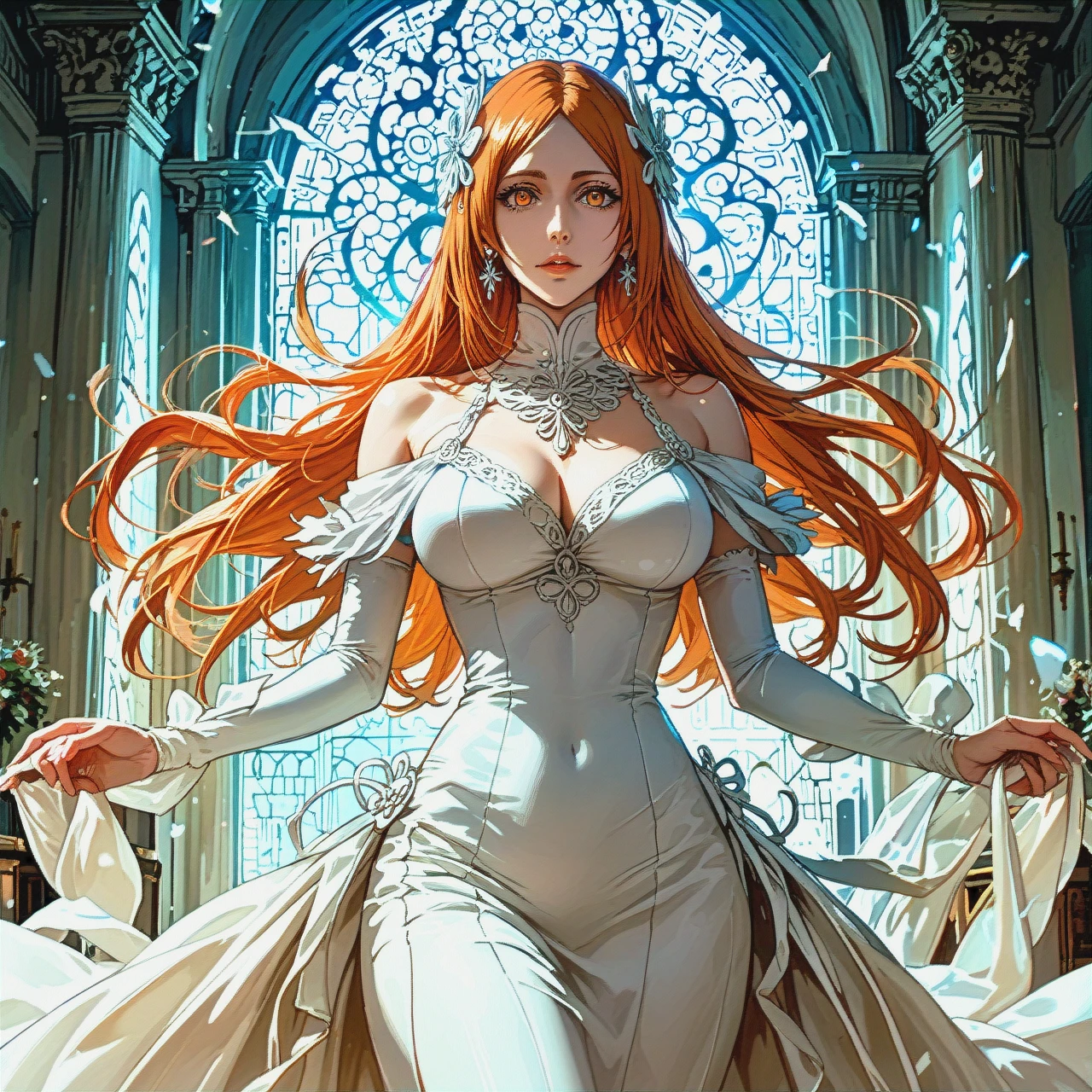 1girl, (Character orihime inoue from bleach), (perfect face: 1,2),(beautiful eyes: 1,1), in white dress, standing, front view