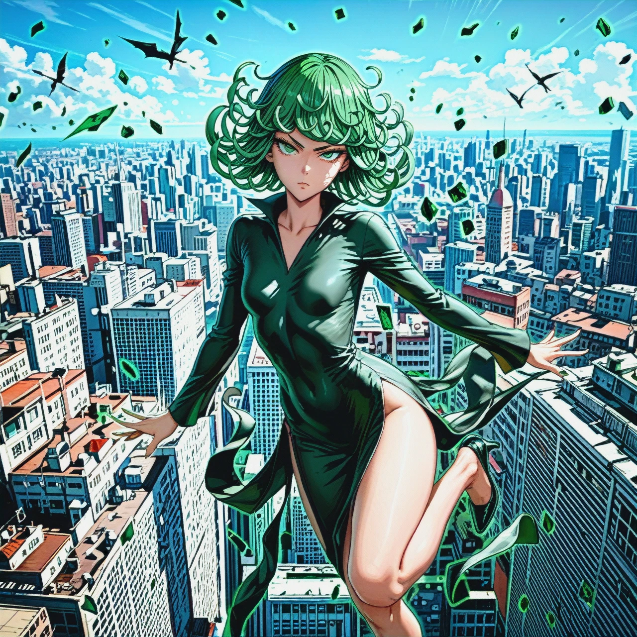 character @tatsumaki, (perfect face: 1,2), (beautiful green eyes: 1,1), (very skinny), in black dress with long sleeve, in black heel, floating in the air, background is city, (side view: 1,1), manga effects, motion lines