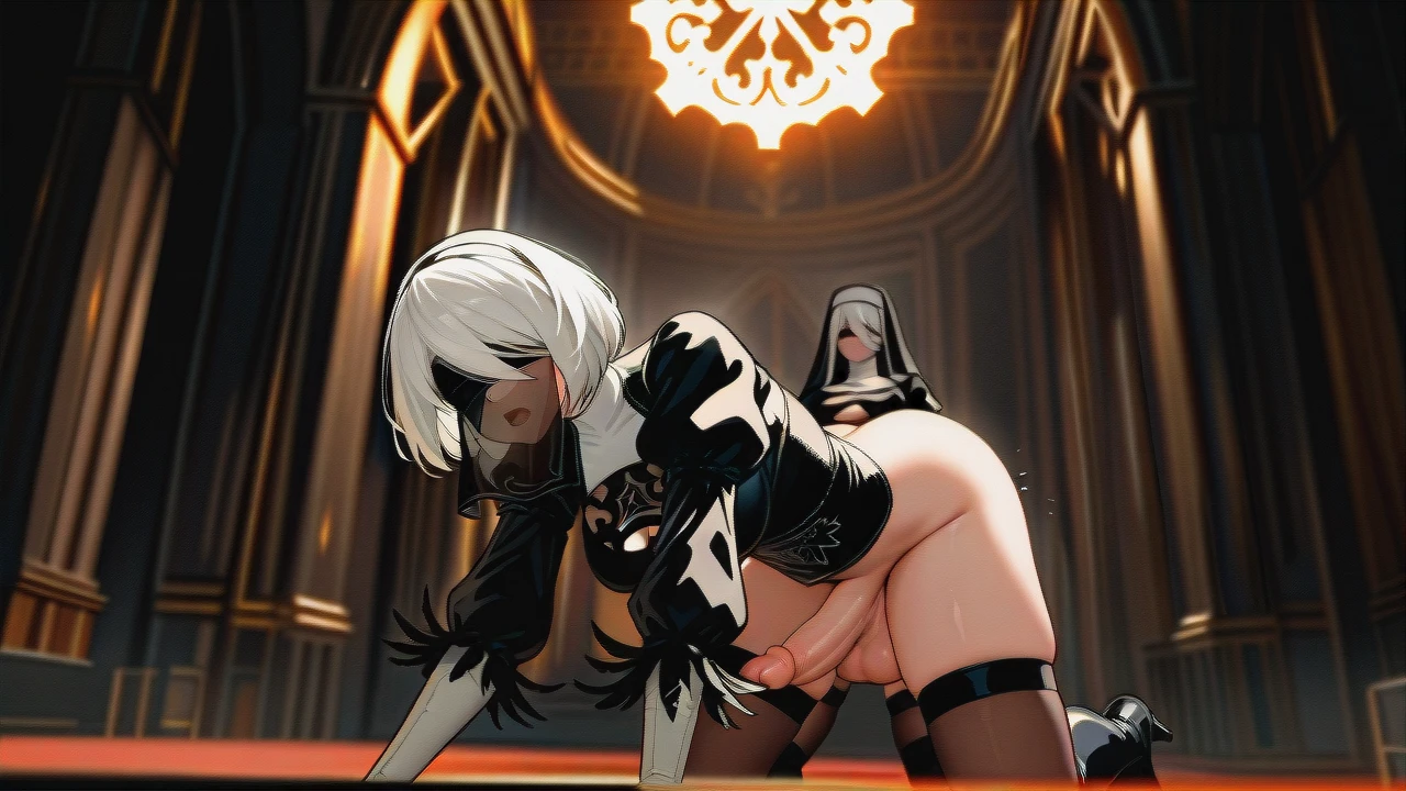 (futanari) (futanari) , doggystyle_sex, nun_outfit, eye_veil, @2b, @a2