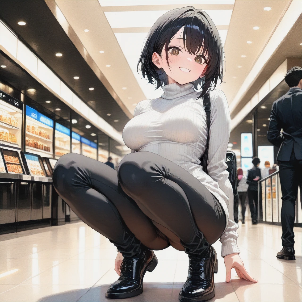 (Dressed in white Turtleneck sweater and black pants) (smiling) (asking for help) (black hair) (Caucasian) (Brown eyes) (in a mall) (full body view) (Rounded ass) (Medium breasts)