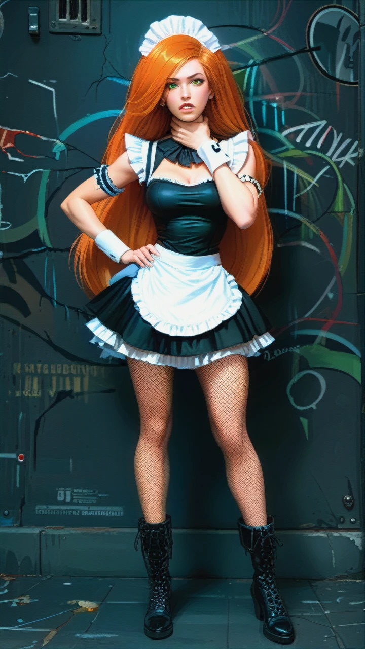 @kim_possible, maid, costume, boots, skirt, fishnet, (hand_on_hip), (strangling)