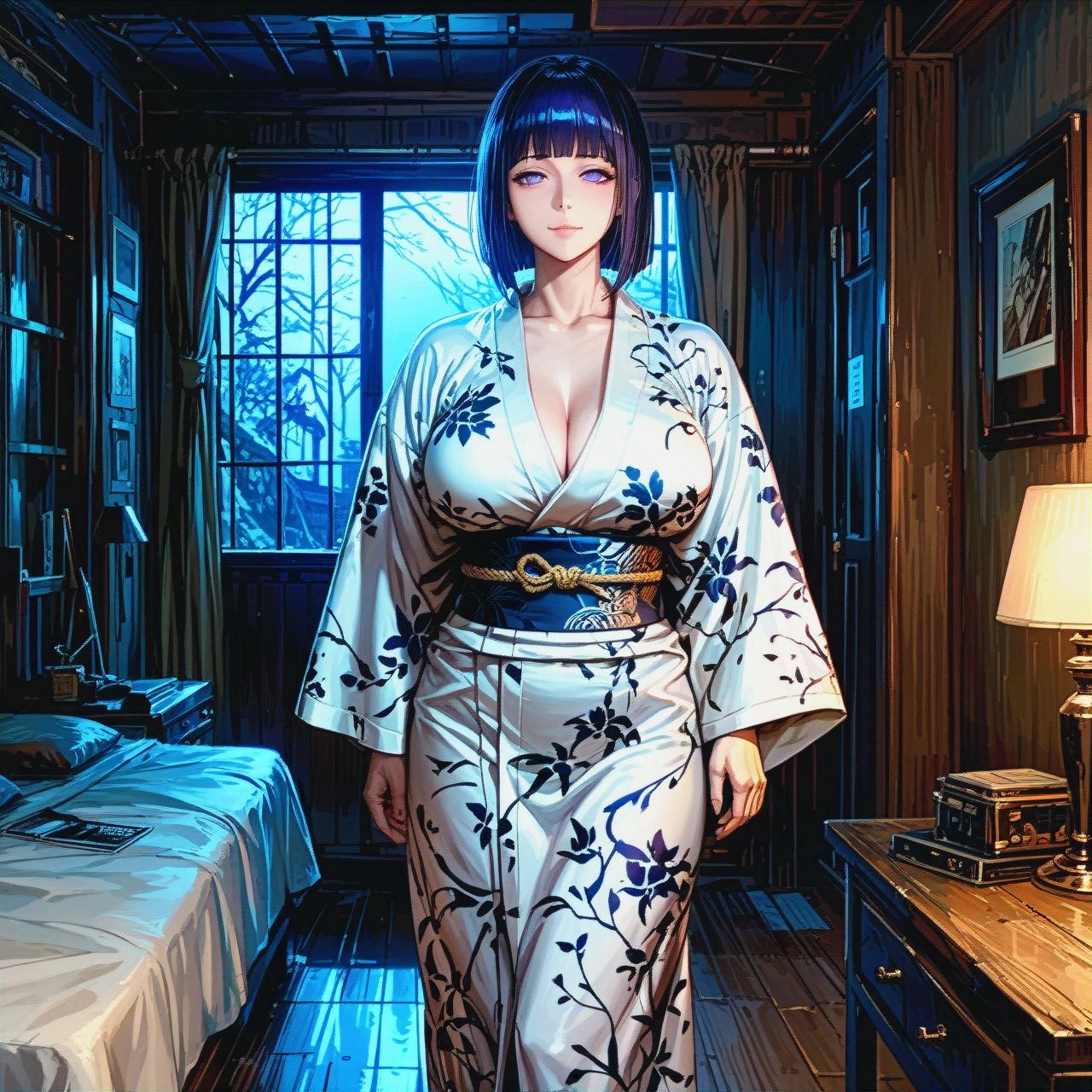 Darkness, night, Hinata hyuuga,, kimono , expressionless face , bedroom ,solo , perfect body , big ass, big chest, standing, husband and wife, ugly old man, smile