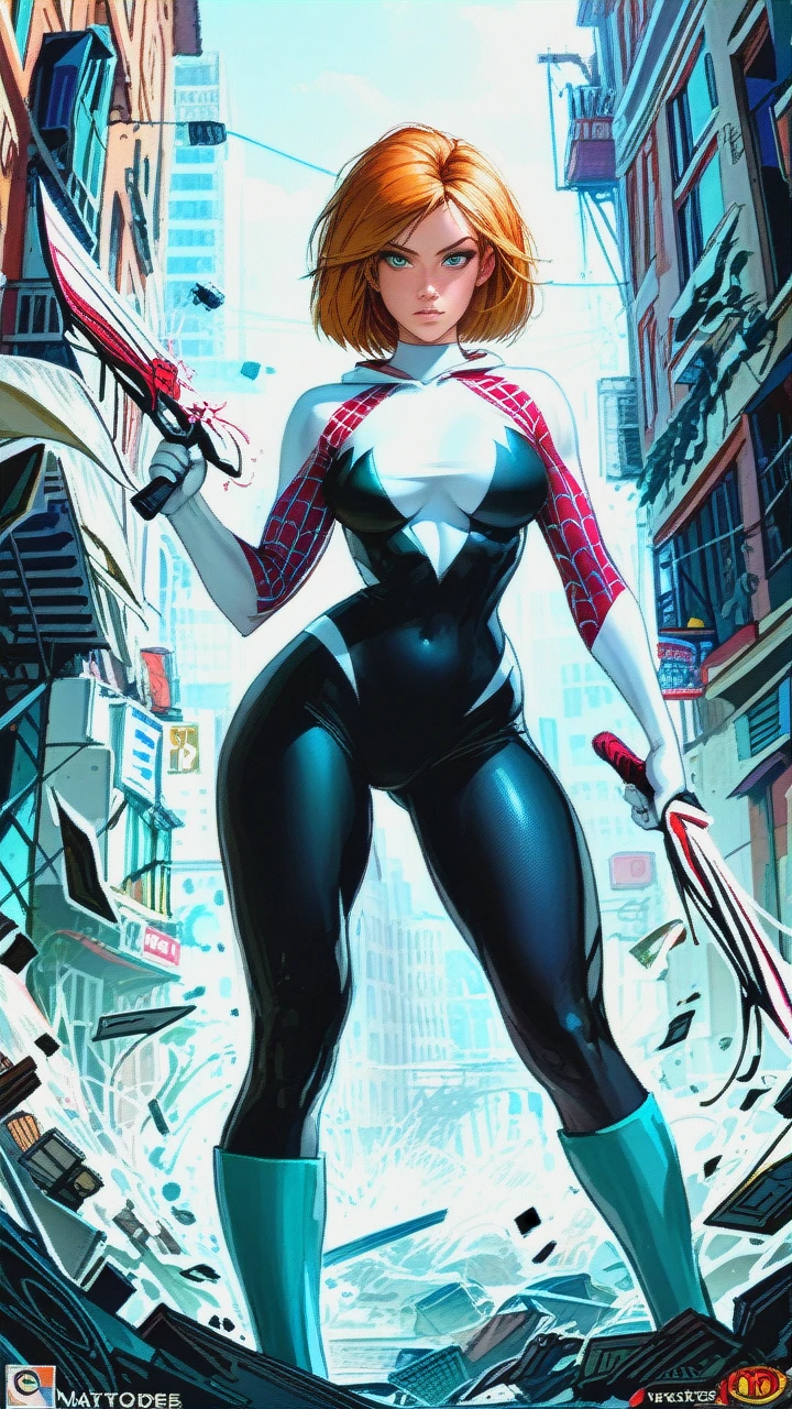 @kim_possible, @spider-gwen, (dual_wielding), costume, fishnet, boots, (hands_on_hips)