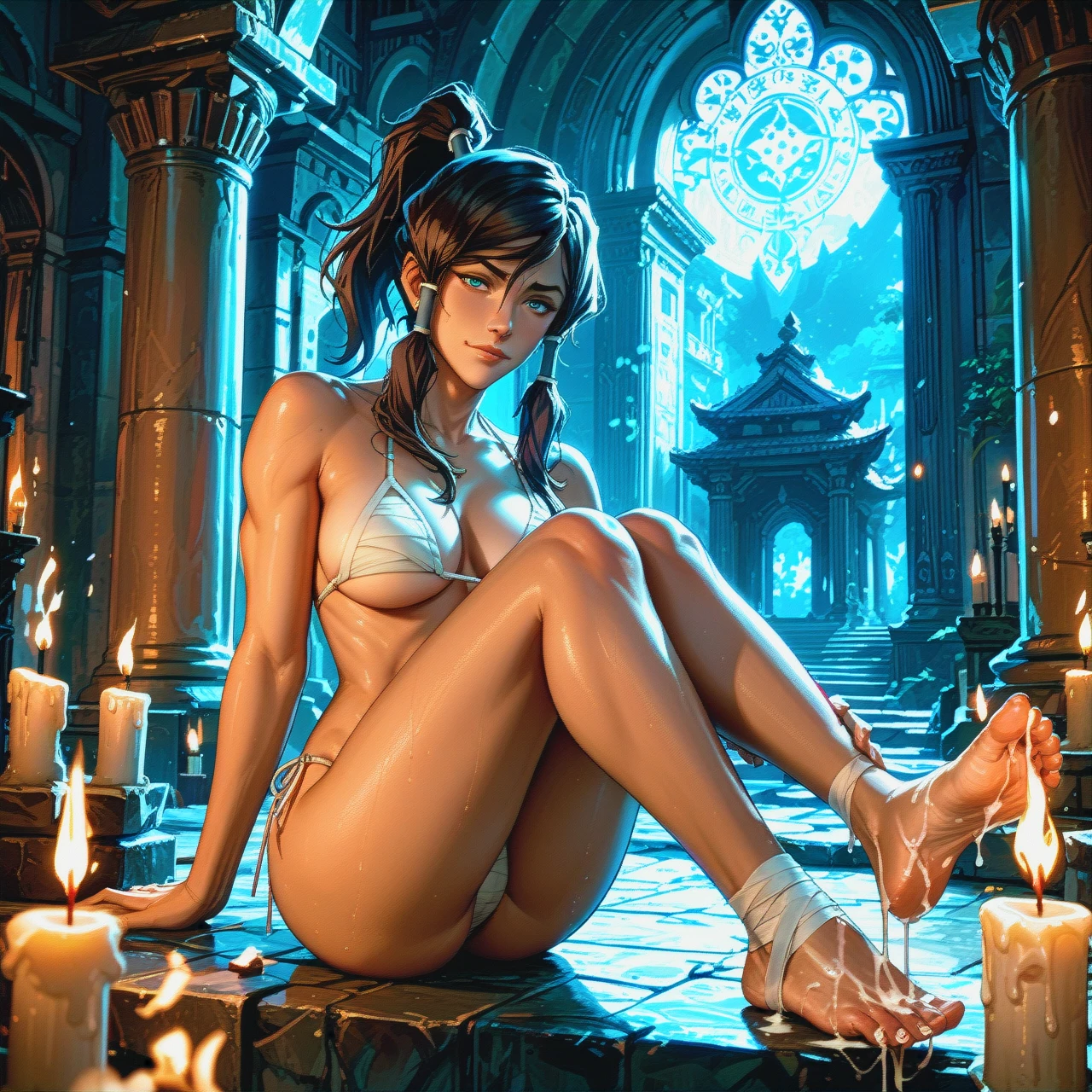 Avatar korra, bandage bikini, night temple, candle lighting, jerking off with feet, cum explosion on feet,