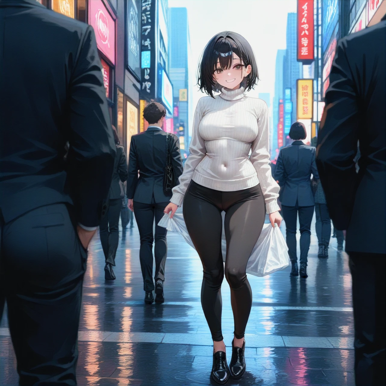 (Dressed in white Turtleneck sweater and black pants) (smiling) (asking for help) (black hair) (Caucasian) (Brown eyes) (on a city side walk) (full body view) (Rounded ass) (Medium breasts) (standing)