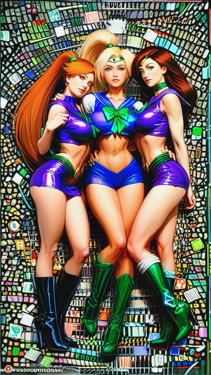 @kim_possible, @ino_yamanaka, costume, fishnet, boots, (hands_on_hips), @jessie, (cuddling), @sailor_jupiter