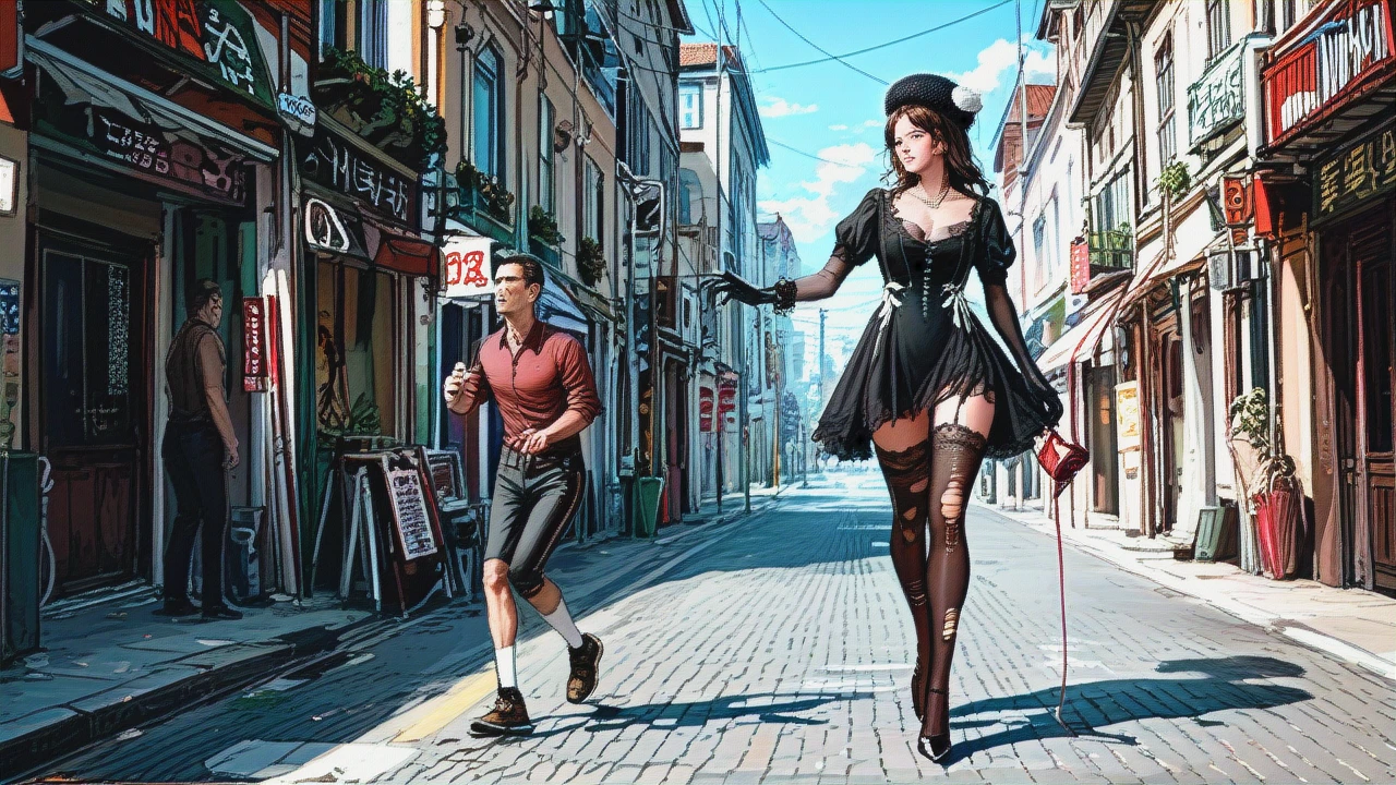 1girl,1boy, a girl with a man, licking_penis, large_cumshot, a girl with long dark brown hair and brown eyes_Alhaitham_,medium_boobs,mitanko, black_pants,lace,wool_hat,stiletto_heels, grey_shirt,torn_thighhighs,long_gloves,string_bodysuit,running_shoes, dresses,socks,pearl_necklace,panties, outdoor_garden