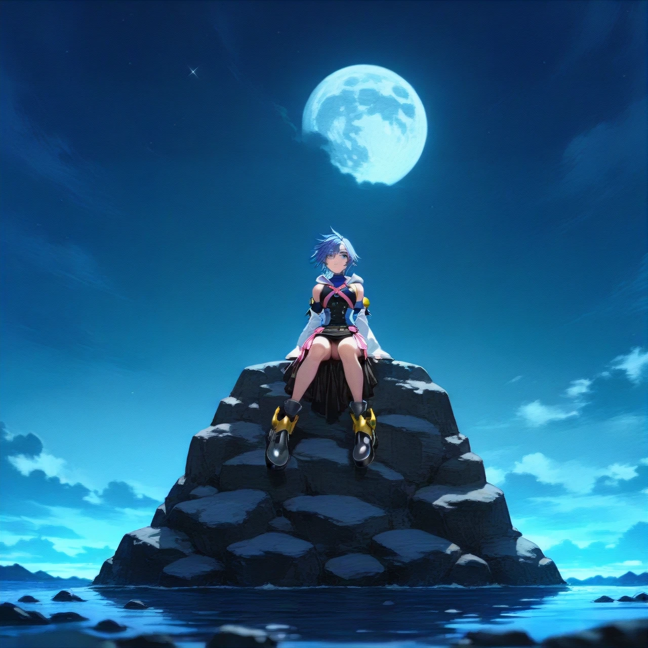 @aqua_(kingdom_hearts) ,sitting on a rock watching the moon.