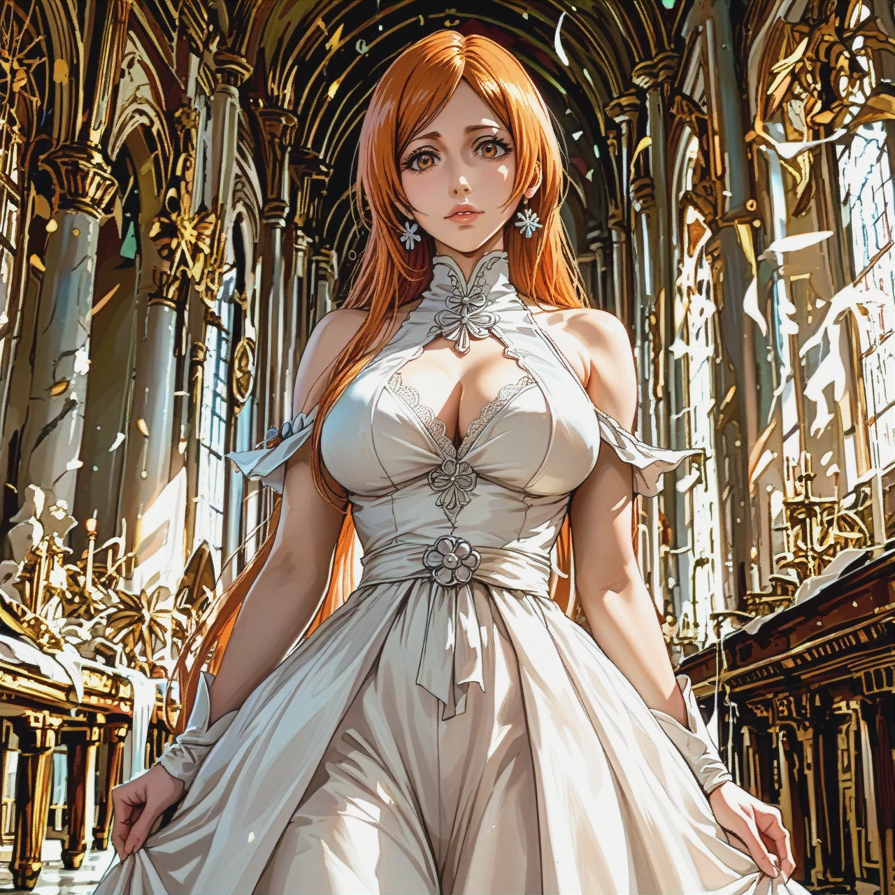 1girl, (Character @inoue_orihime from bleach), perfect face, in white dress, standing, front view