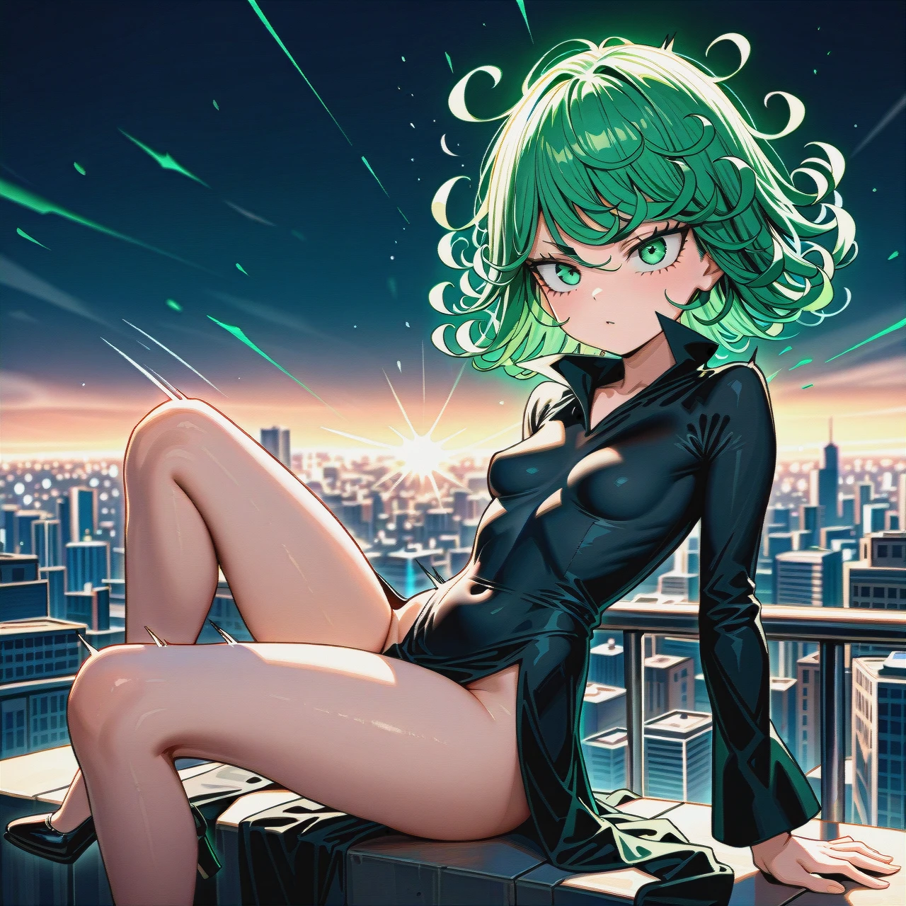 1girl, solo, , , , character tatsumaki, (perfect face: 1,2), (beautiful green eyes: 1,1), (very skinny), in black dress with long sleeve, in black heel, floating in the air, background is city, front view, manga effects, motion lines