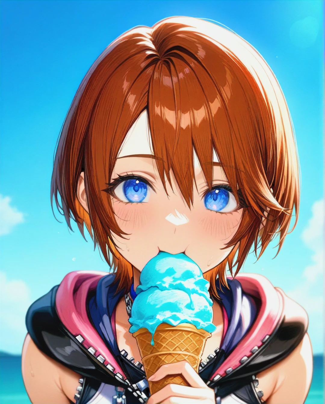 @kairi_(kingdom_hearts),@aqua_(kingdom_hearts)  , aqua and kairi eating ice cream togther, 2girls