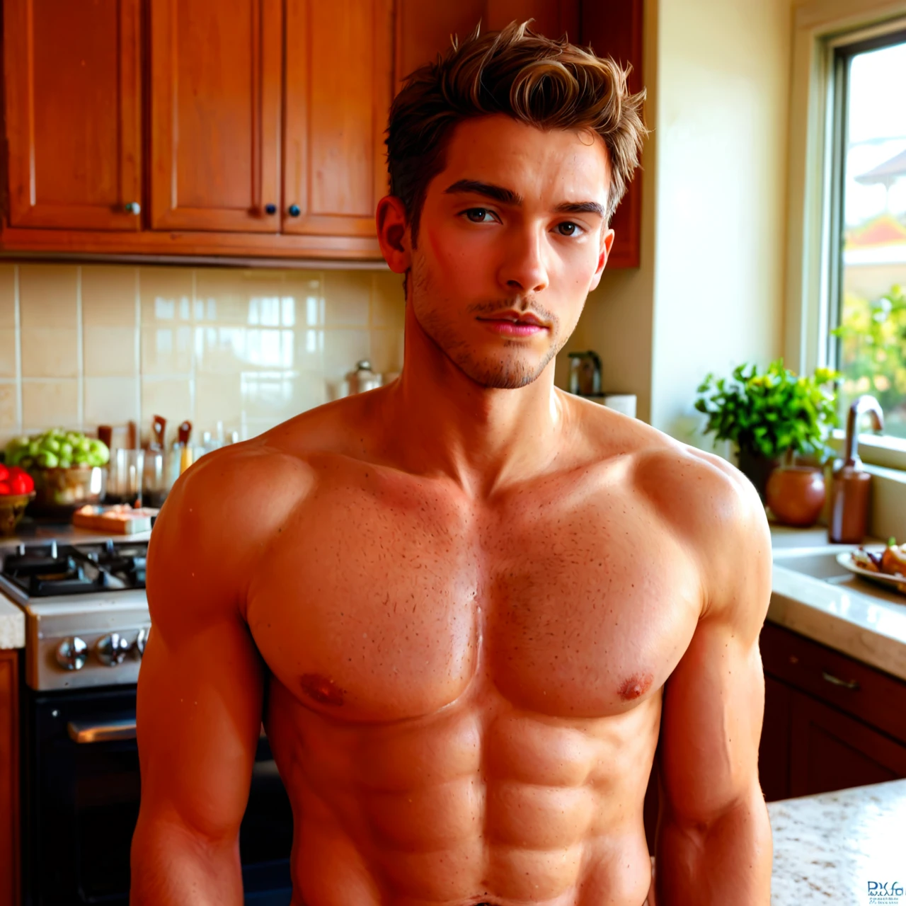 athletic man, nude, kitchen